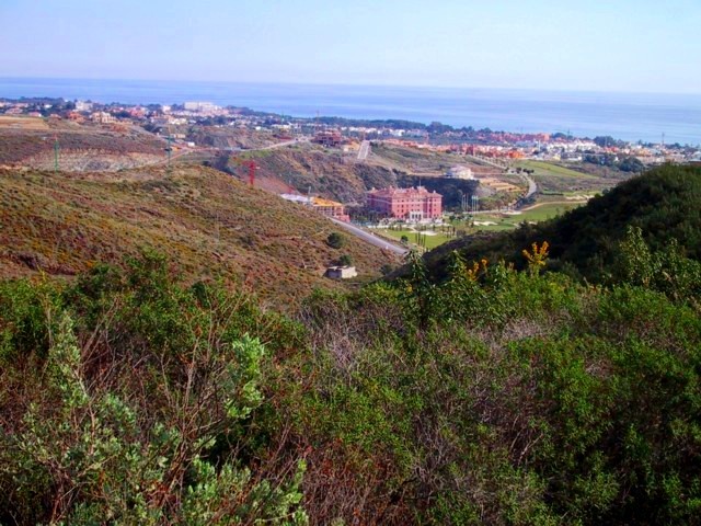 The pink Villa Padierna hotel in a green valley, with the sea behind