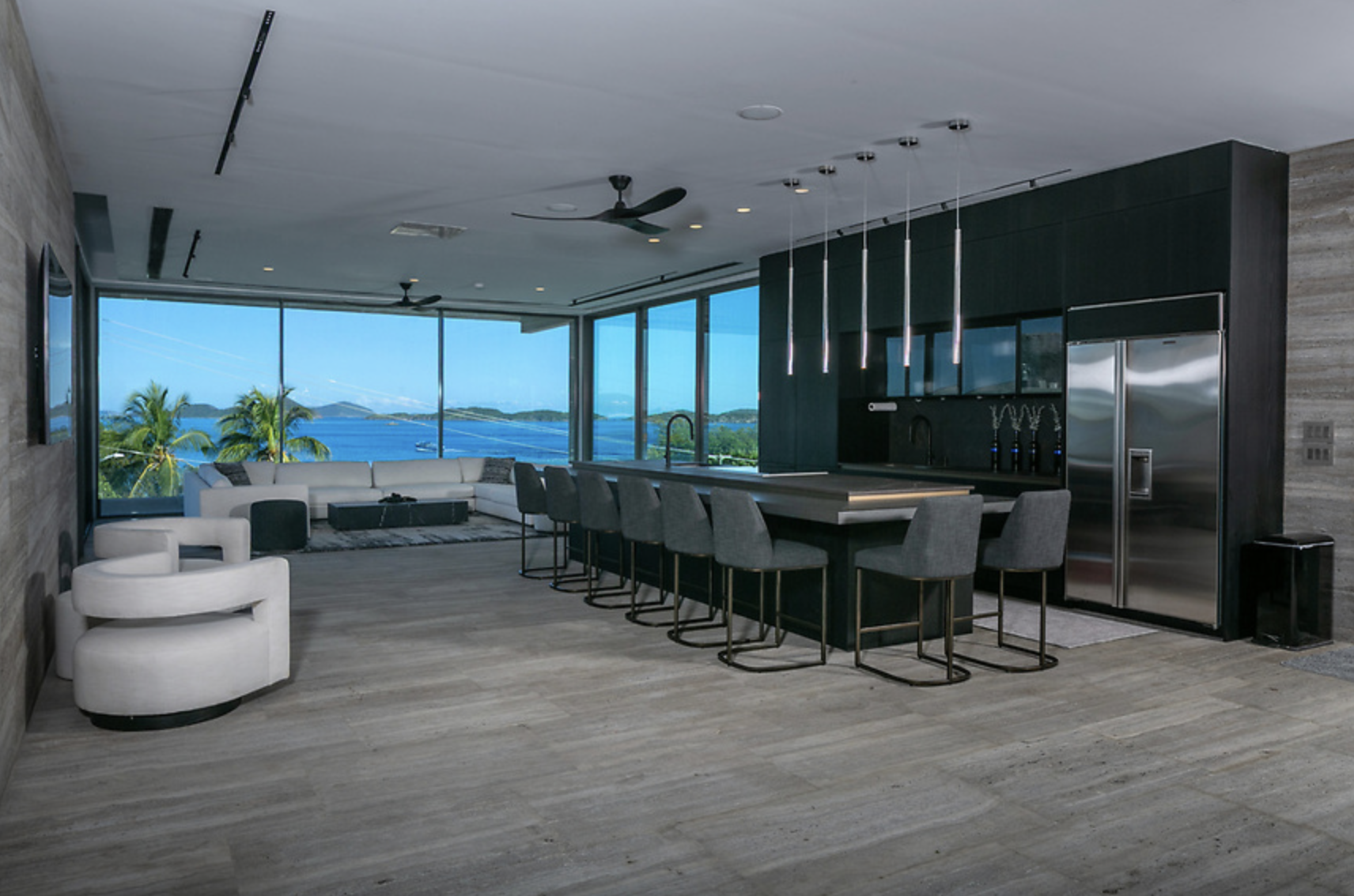 Open kitchen and lounge with sea view