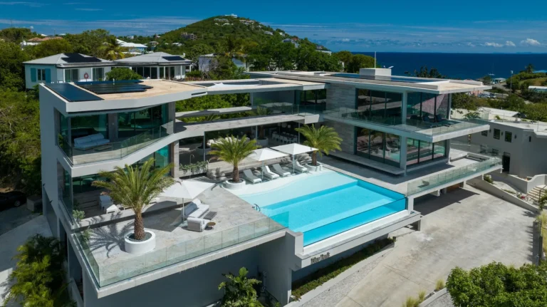 Aerial view of the villa in Cruz Bay, St John, with its infinity pool, terraces and the sea beyond