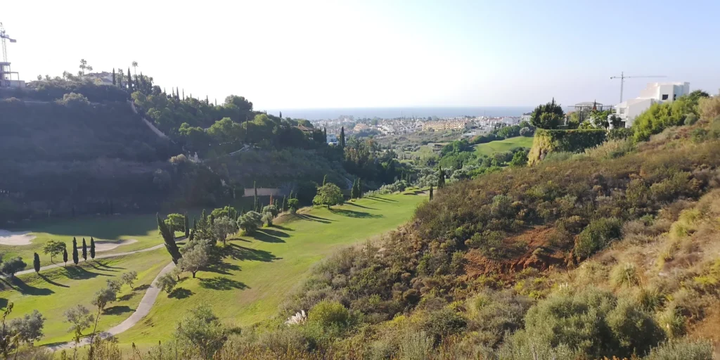 Fairway lined with cypress trees in a valley, with the town and the sea in the distance