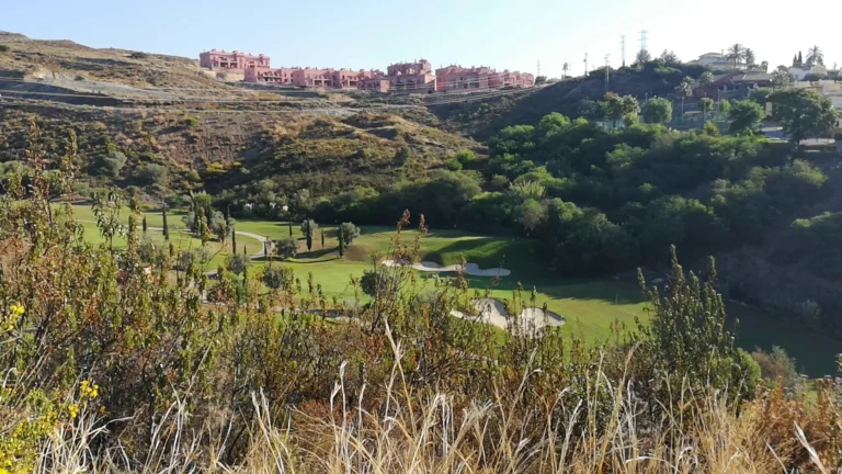 Golf greens in a wooded valley, with apartment buildings on the ridge