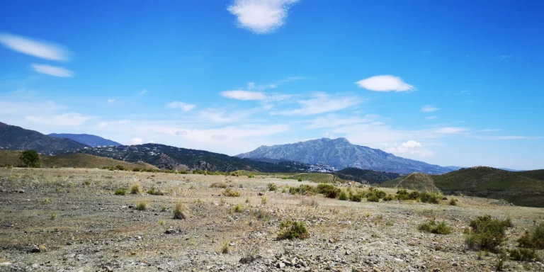 Rocky high plateau with low scrub, looking towards a mountain peak