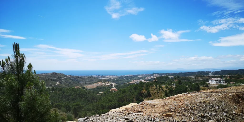 View from a rocky hillside over pine woods and green hills to the Mediterranean Sea